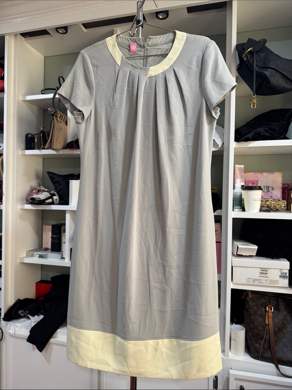Basler Light Gray Shift Dress with Cream Collar & Hem